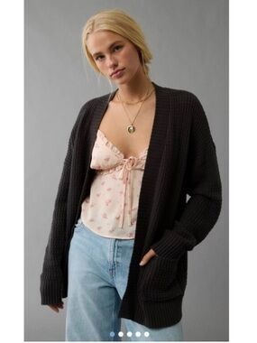 American Eagle Chenille Chunky Knit Open Relaxed Cardigan Sweater Grey XS/Small